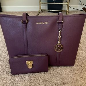 Eggplant Michael Kors tote and matching wallet